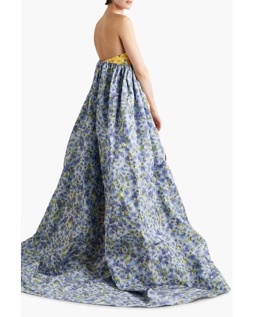 Carolina Herrera White Strapless Cape-effect Floral-print Taffeta Gown