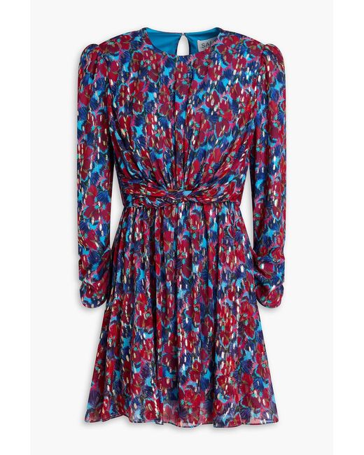 Saloni Blue Printed Metallic Fil Coupé Jacquard Mini Dress