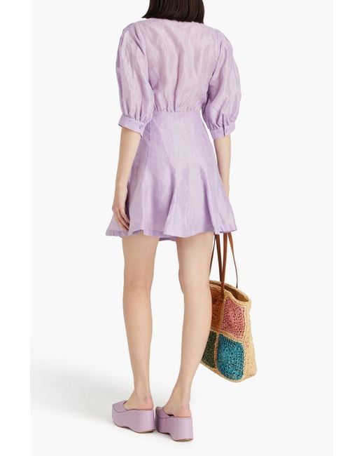 Sandro Purple Cutout Linen-blend Gauze Mini Shirt Dress