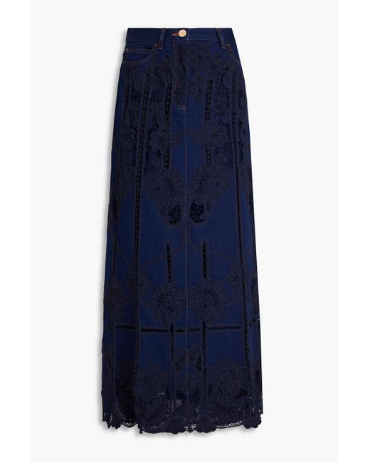 Valentino Garavani Blue Lace-trimmed Denim Maxi Skirt