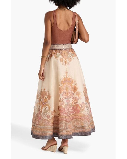 Zimmermann Natural Printed Linen And Silk-blend Organza Midi Skirt