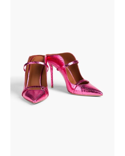 Malone Souliers Pink Maureen 100 Metallic Snake-effect Leather Mules