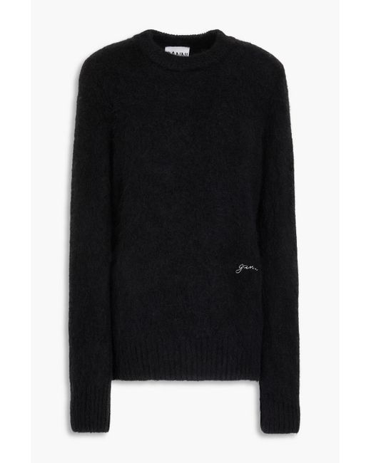Ganni Black Embroidered Brushed Alpaca-blend Sweater