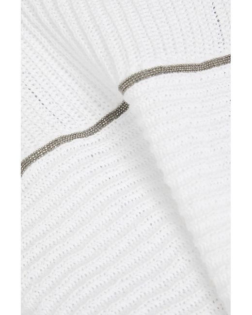 Brunello Cucinelli White Cropped pullover aus gerippter baumwolle mit zierperlen