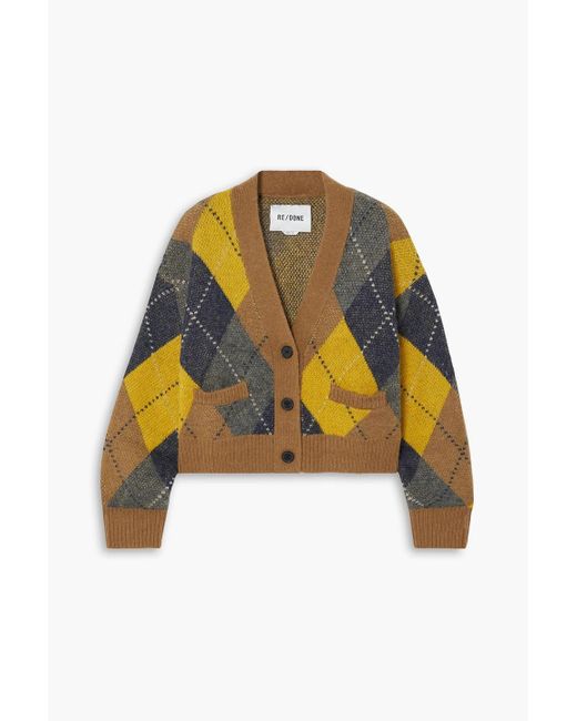 Re/done Yellow Cropped Argyle Jacquard-knit Cardigan
