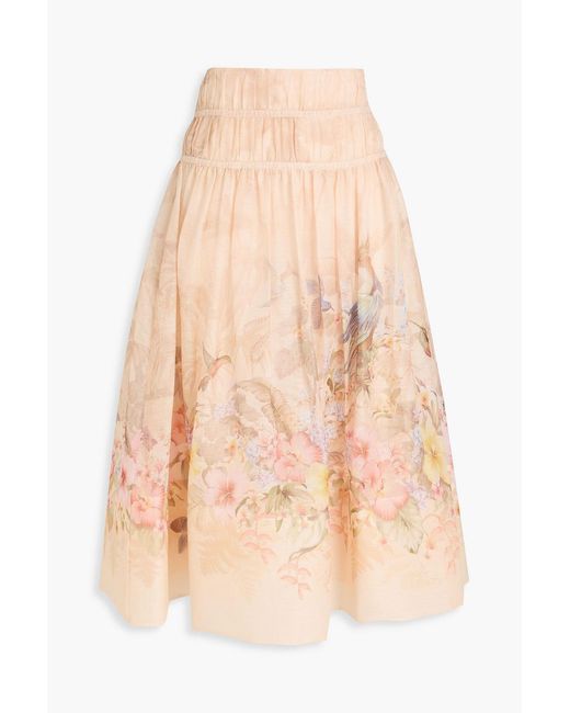 Zimmermann Orange Floral-Print Linen And Silk-Blend Organza Midi Skirt