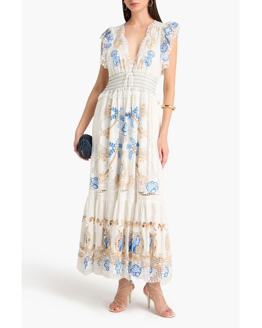 Farm Rio White Richelieu Embroidered Linen-blend Maxi Dress