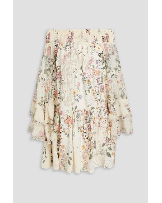 Camilla Natural Off-the-shoulder Floral-print Silk Crepe De Chine Mini Dress