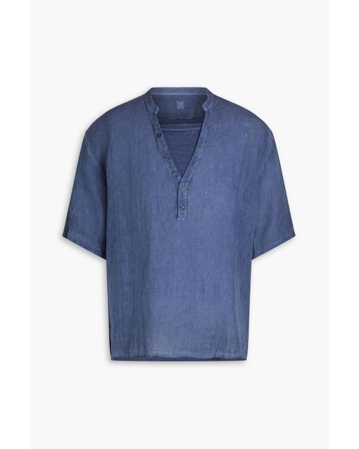120% Lino Blue Jersey-paneled Slub Linen Henley Shirt for men