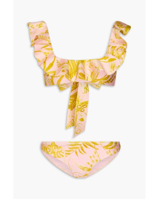 Zimmermann Metallic Ruffled Floral-Print Bikini