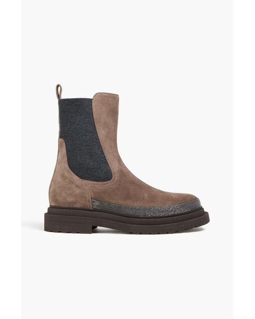 Brunello Cucinelli Brown Bead-embellished Suede Chelsea Boots