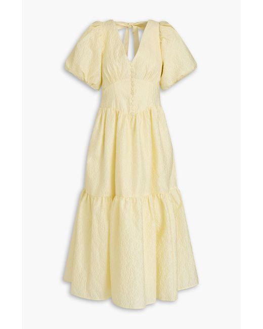 Self-Portrait Yellow Gathered Jacquard Midi Dress