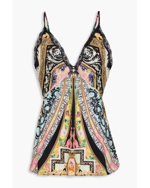 Camilla Black Crystal-embellished Printed Silk Crepe De Chine Camisole