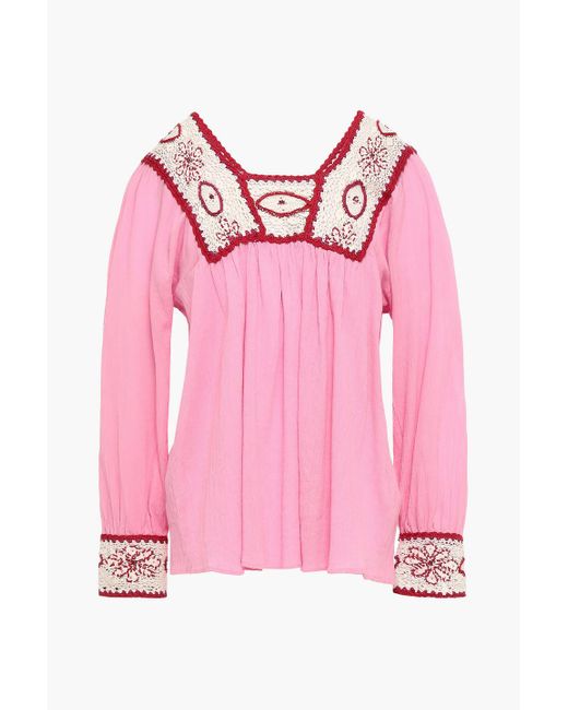 Antik Batik Pink Crochet-trimmed Crinkled Cotton-gauze Blouse