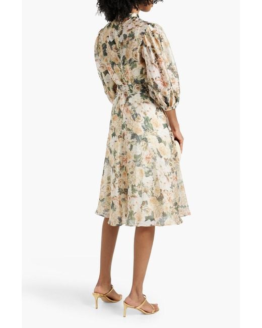Mikael Aghal Natural Tie-detailed Floral-print Habotai Dress