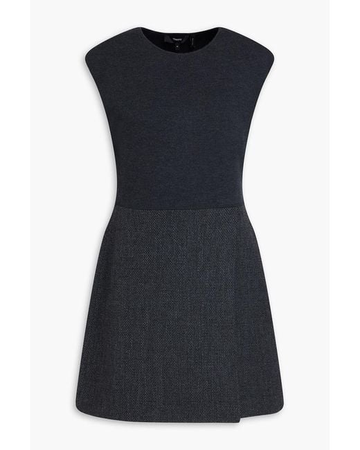 Theory Black Tweed-Paneled Merino Wool-Blend Mini Dress