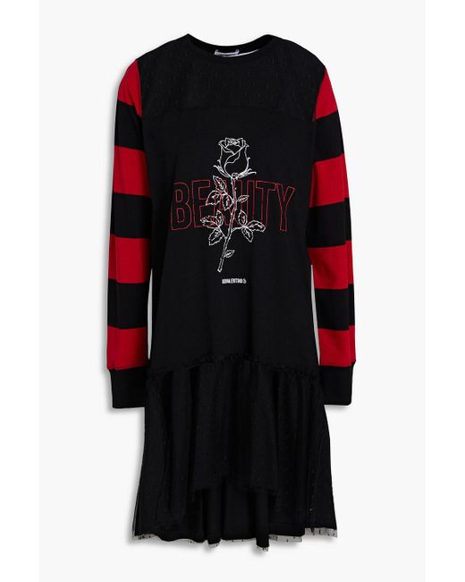 RED Valentino Black Printed Point D'esprit-paneled Cotton-jersey Mini Dress