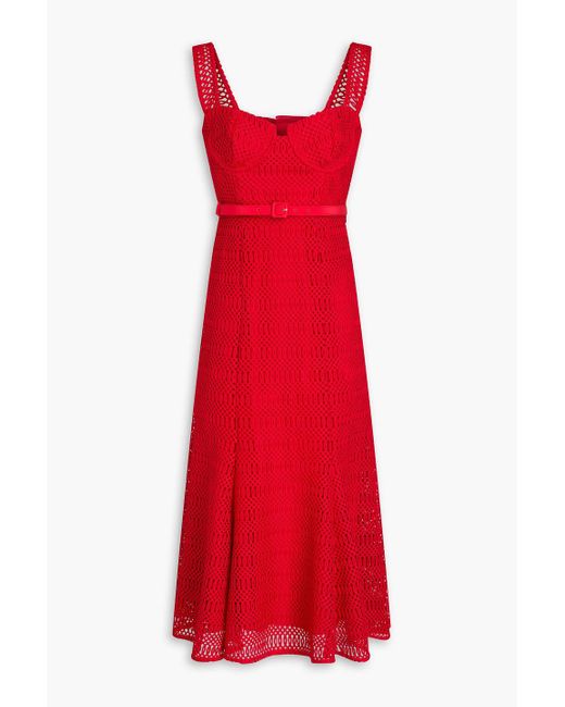 Self-Portrait Red Belted Crochet Midi Dress