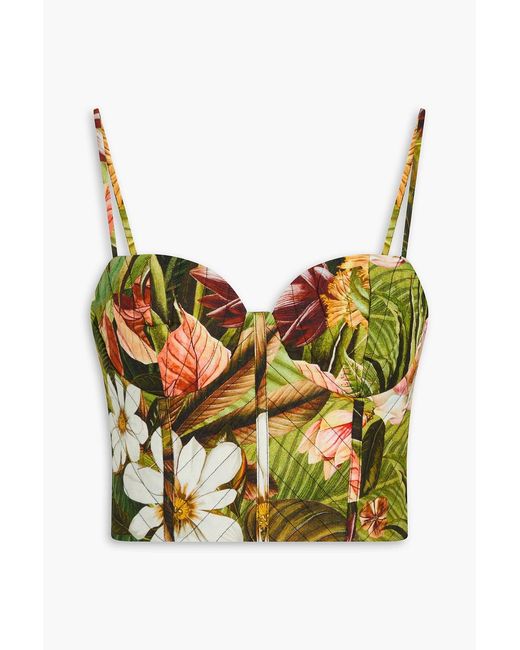 Farm Rio Green Cropped Floral-print Linen-blend Jersey Bustier Top