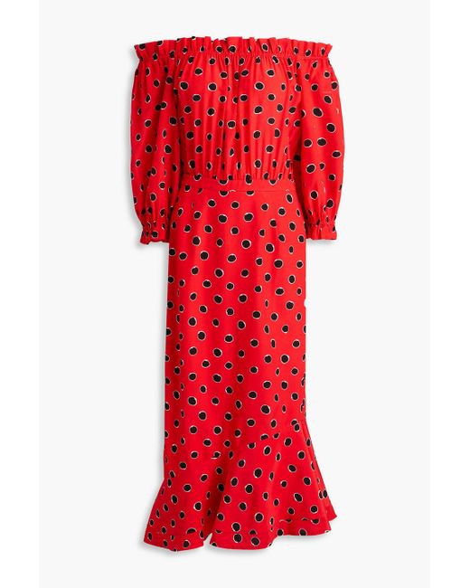Saloni Red Grace Off-the-shoulder Polka-dot Silk Crepe De Chine Midi Dress