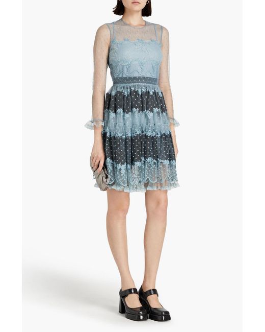 RED Valentino Blue Tiered Embroidered Point D'espirit Mini Dress