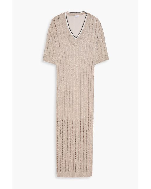 Brunello Cucinelli White Sequin-Embellished Crochet-Knit Linen-Blend Midi Dress