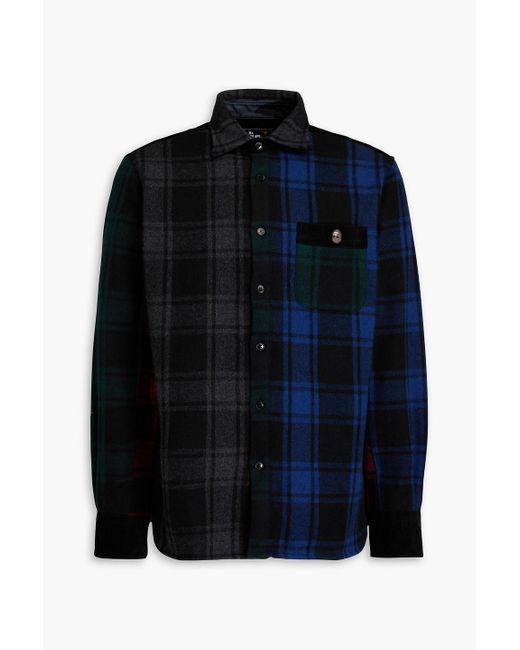 A Bathing Ape Blue Embroidered Checked Wool-blend Flannel And Corduroy Shirt for men