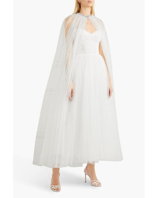 Monique Lhuillier White Brie cape aus tüll mit eingewebten punkten und kristallverzierung