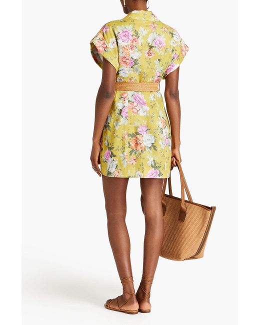 Zimmermann Yellow Belted Floral-print Linen Mini Shirt Dress