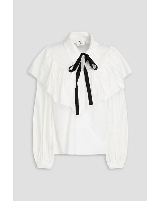 Aje. White Marie Pussy-bow Ruffled Cotton Blouse