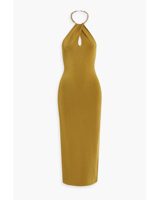 Galvan Yellow Cleopatra Chain-embellished Stretch-knit Halterneck Midi Dress