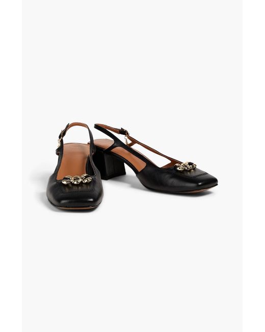 Maje Black Chain-embellished Leather Slingback Pumps