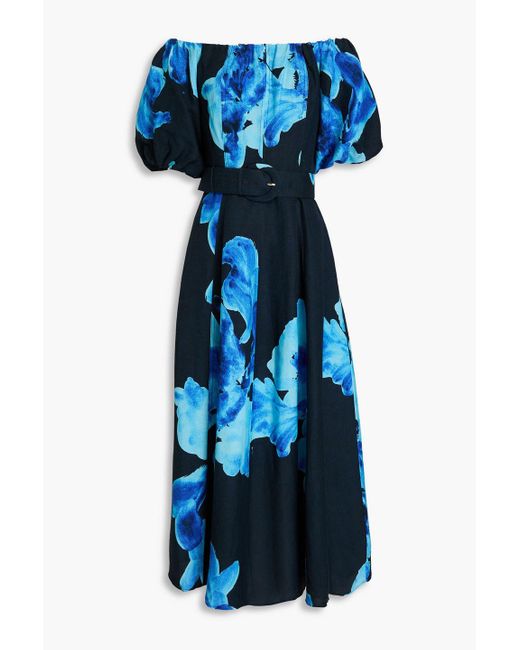 Nicholas Blue Off-the-shoulder Floral-print Linen-blend Midi Dress