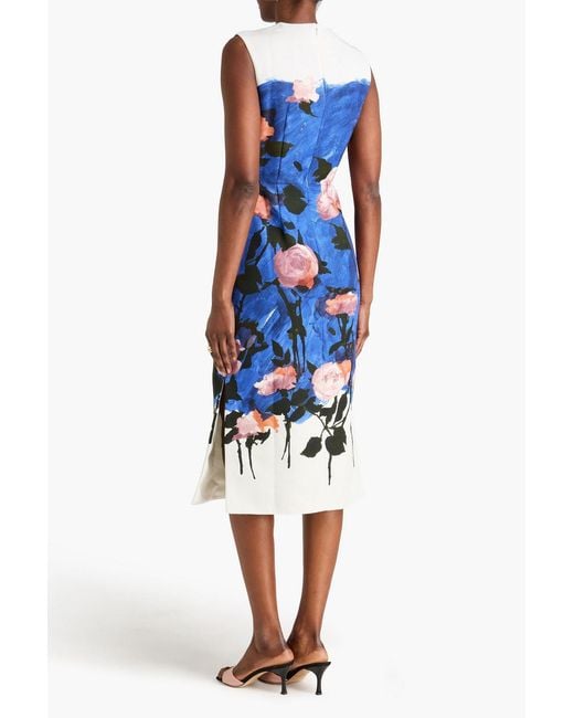 Erdem Blue Floral-Print Cotton-Blend Faille Midi Dress