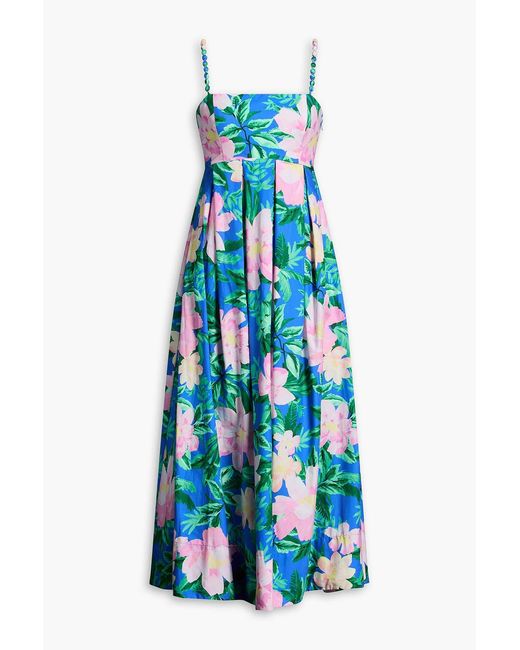 Farm Rio Blue Pleated Floral-Print Cotton-Poplin Midi Dress