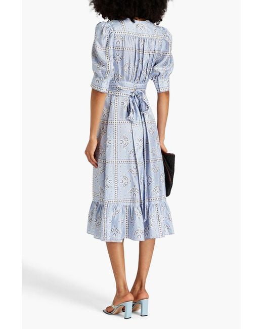 Sandro Blue Enrika Gathered Paisley-print Silk-twill Midi Wrap Dress