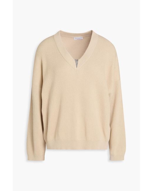 Brunello Cucinelli Natural Bead-Embellished Ribbed Cotton Sweater