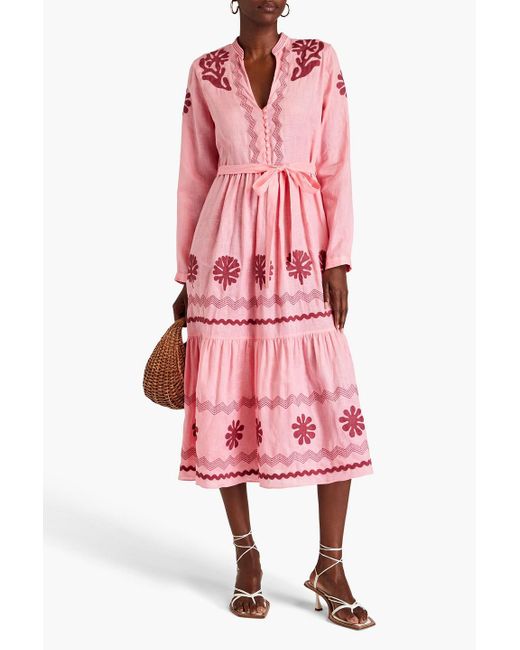 Saloni Pink Alexia Embroidered Linen Midi Dress