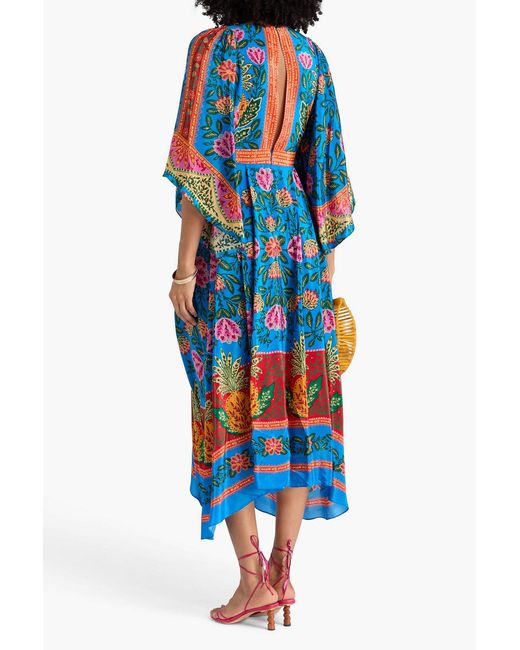 Farm Rio Blue Cutout Floral-print Crepe De Chine Midi Dress