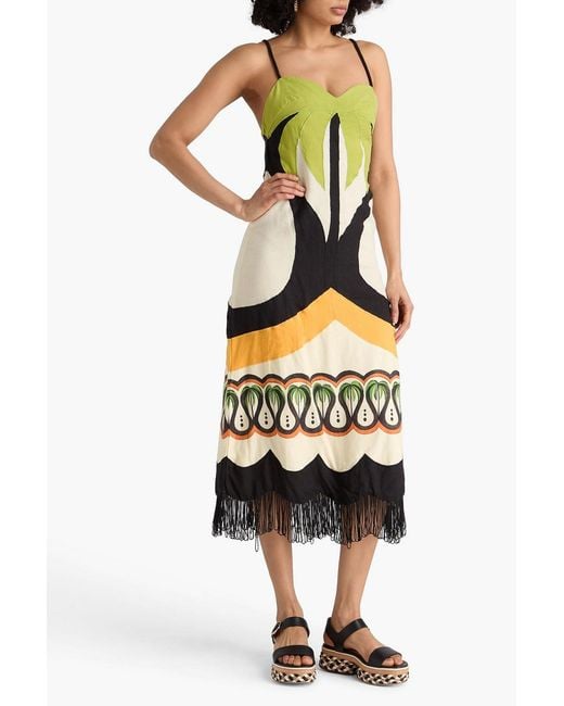 Farm Rio Metallic Fringed Bead-embellished Embroidered Linen-blend Midi Dress