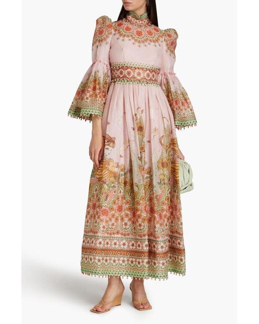 Zimmermann Pink Bead-embellished Printed Linen And Silk-blend Maxi Dress
