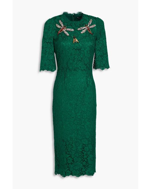 Dolce & Gabbana Green Embellished Corded Lace Dress