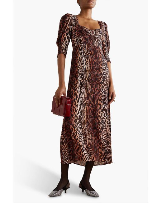 Rixo Brown Karen Crystal-embellished Leopard-print Crepe Midi Dress
