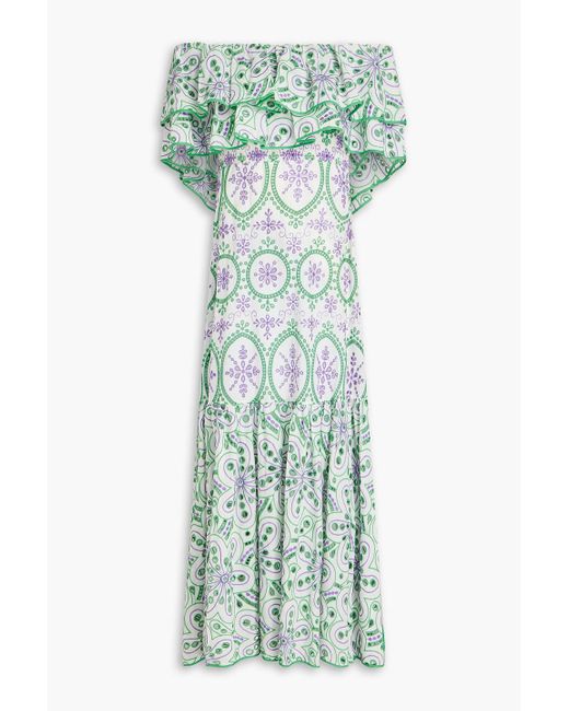 Charo Ruiz Green Isabella Off-The-Shoulder Broderie Anglaise Cotton-Blend Midi Dress