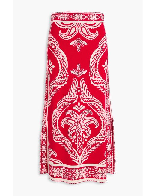 Farm Rio Red Jacquard-knit Midi Skirt