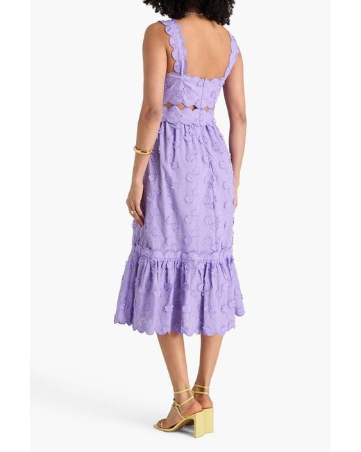 Farm Rio Purple Floral-appliquéd Embroidered Cotton-blend Midi Dress