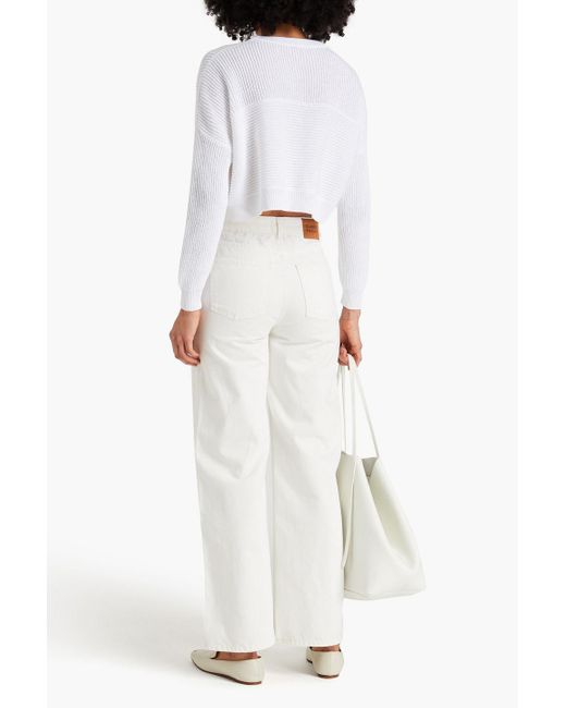 Brunello Cucinelli White Cropped Bead-embellished Ribbed Cotton Sweater