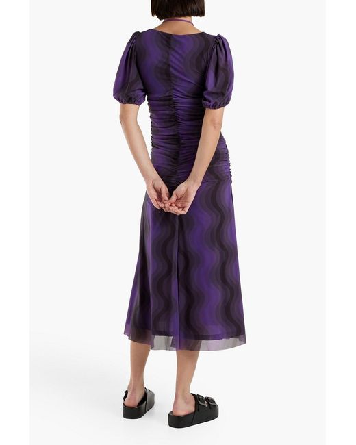 Ganni Purple Ruched Printed Stretch-mesh Midi Dress