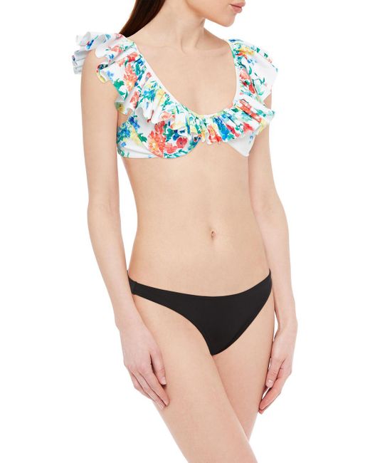 Caroline Constas Blue Bikini-oberteil mit rüschen und print