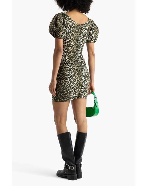 Ganni Multicolor Ruched Leopard-print Cotton Mini Dress